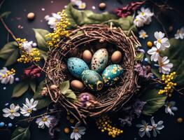 Happy Easter background concept with easter eggs in nest and spring flowers created with technology photo