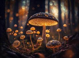 Fantasy mushroom landscape in the forest created with technology photo