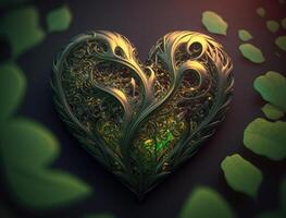 Green and gold metallic heart that represents environmental protection created with technology photo