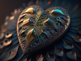 Green and gold metallic heart that represents environmental protection created with technology photo