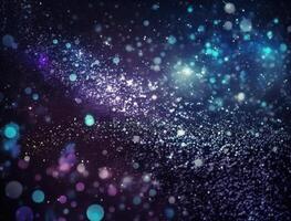 Dark blue and glow particle abstract background Blurry bokeh background with sparkles, particles and glitter created with technology photo