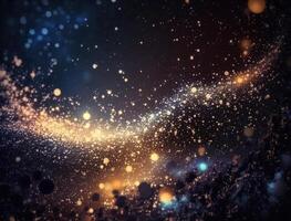 Dark blue and glow particle abstract background Blurry bokeh background with sparkles, particles and glitter created with technology photo