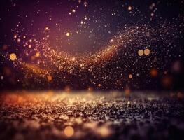 Dark blue and glow particle abstract background Blurry bokeh background with sparkles, particles and glitter created with technology photo