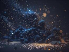 Dark blue and glow particle abstract background Blurry bokeh background with sparkles, particles and glitter created with technology photo