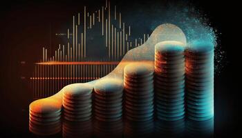 Double exposure of graph and rows of coins for finance and business concept. photo