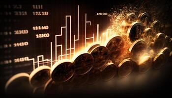 Double exposure of graph and rows of coins for finance and business concept. photo