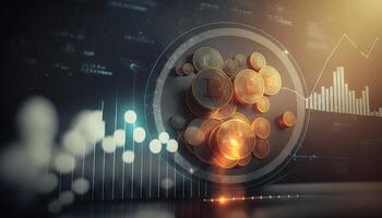 Double exposure of graph and rows of coins for finance and business concept. photo