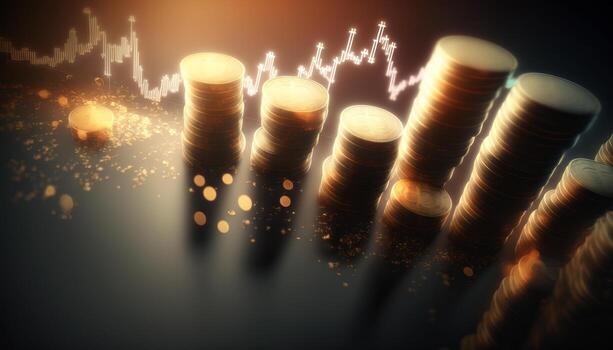 Double exposure of graph and rows of coins for finance and business concept. photo