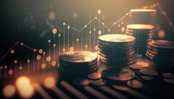 Double exposure of graph and rows of coins for finance and business concept. photo