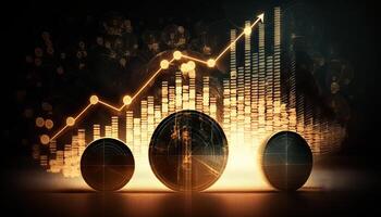 Double exposure of graph and rows of coins for finance and business concept. photo