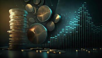 Double exposure of graph and rows of coins for finance and business concept. photo