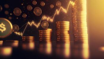 Double exposure of graph and rows of coins for finance and business concept. photo