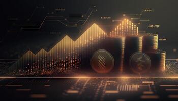Double exposure of graph and rows of coins for finance and business concept. photo