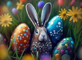 Happy Easter background concept Bunny with easter eggs on meadow with flowers created with technology photo