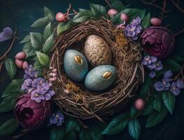 Happy Easter background concept with easter eggs in nest and spring flowers created with technology photo