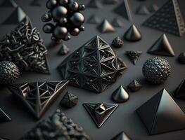 Abstract black geometric background Various pyramides shapes Flat lay created with Generative AI technology photo