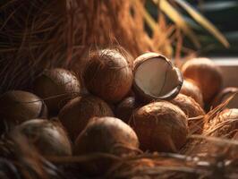 Beautiful organic background of freshly picked coconuts created with technology photo