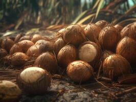 Beautiful organic background of freshly picked coconuts created with technology photo