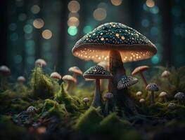 Fantasy mushroom landscape in the forest created with technology photo