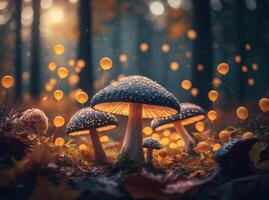 Fantasy mushroom landscape in the forest created with technology photo