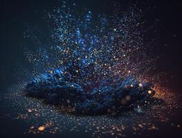 Dark blue and glow particle abstract background Blurry bokeh background with sparkles, particles and glitter created with technology photo