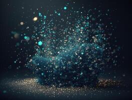 Dark blue and glow particle abstract background Blurry bokeh background with sparkles, particles and glitter created with technology photo