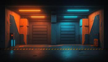 Underground Neon Orange Blue Sci Fi Futuristic Rock Wall Concrete Basement Parking. photo