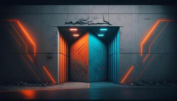 Underground Neon Orange Blue Sci Fi Futuristic Rock Wall Concrete Basement Parking. photo