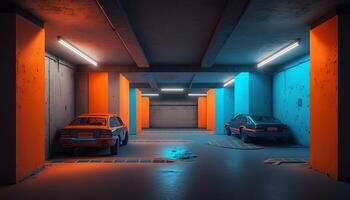 Underground Neon Orange Blue Sci Fi Futuristic Rock Wall Concrete Basement Parking. photo