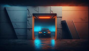 Underground Neon Orange Blue Sci Fi Futuristic Rock Wall Concrete Basement Parking. photo