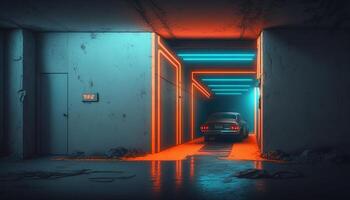 Underground Neon Orange Blue Sci Fi Futuristic Rock Wall Concrete Basement Parking. photo