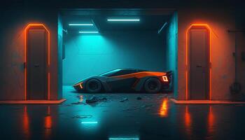 Underground Neon Orange Blue Sci Fi Futuristic Rock Wall Concrete Basement Parking. photo