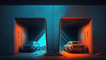 Underground Neon Orange Blue Sci Fi Futuristic Rock Wall Concrete Basement Parking. photo