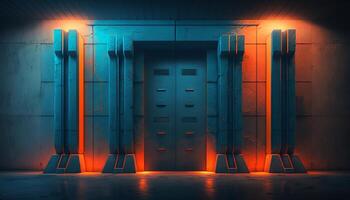 Underground Neon Orange Blue Sci Fi Futuristic Rock Wall Concrete Basement Parking. photo