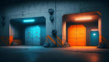 Underground Neon Orange Blue Sci Fi Futuristic Rock Wall Concrete Basement Parking. photo