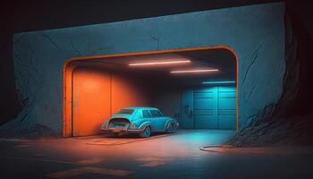 Underground Neon Orange Blue Sci Fi Futuristic Rock Wall Concrete Basement Parking. photo