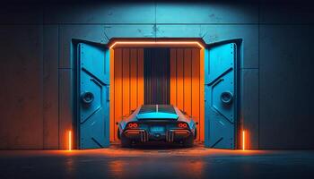 Underground Neon Orange Blue Sci Fi Futuristic Rock Wall Concrete Basement Parking. photo