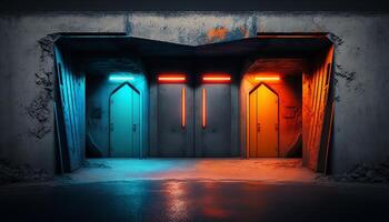 Underground Neon Orange Blue Sci Fi Futuristic Rock Wall Concrete Basement Parking. photo