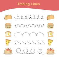 Tracing Lines worksheet game. Food Tracing Lines Worksheet. Cute kawaii foods tracing lines worksheet edition. Printable worksheet. Vector illustration.