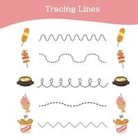 Tracing Lines worksheet game. Food Tracing Lines Worksheet. Cute kawaii foods tracing lines worksheet edition. Printable worksheet. Vector illustration.