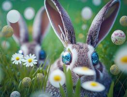 Happy Easter background concept Bunny with easter eggs on meadow with flowers created with technology photo