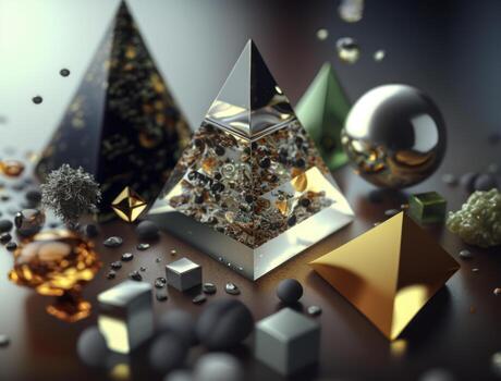 Abstract chaotic geometric background Glossy pyramids and spheres background created with technology photo