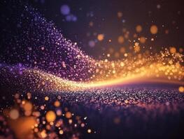 Dark blue and glow particle abstract background Blurry bokeh background with sparkles, particles and glitter created with technology photo