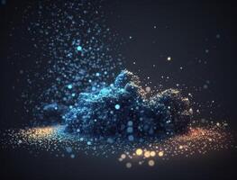 Dark blue and glow particle abstract background Blurry bokeh background with sparkles, particles and glitter created with technology photo