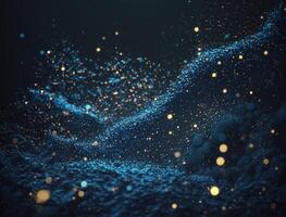 Dark blue and glow particle abstract background Blurry bokeh background with sparkles, particles and glitter created with technology photo