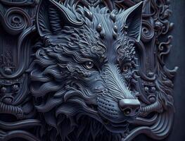 Colorful Close-up portrait of wolf with oriental ornament elements background technology photo