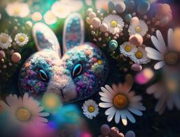 Happy Easter background concept Bunny with easter eggs on meadow with flowers created with technology photo