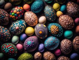 Happy Easter background concept with colorful easter eggs flat lay created with technology photo