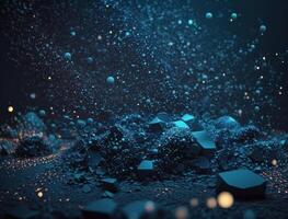 Dark blue and glow particle abstract background Blurry bokeh background with sparkles, particles and glitter created with technology photo