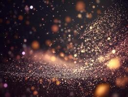 Dark blue and glow particle abstract background Blurry bokeh background with sparkles, particles and glitter created with technology photo